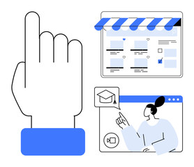 Large hand pointing up, storefront interface, and woman in video call with graduation cap icon. Ideal for e-learning, e-commerce, technology, online education, virtual meetings, digital marketing