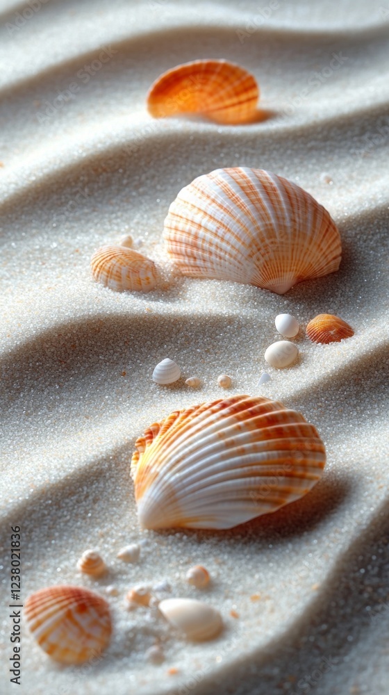 Aufkleber Brightly colored shells are artfully arranged on a textured sand podium, gently illuminated by the warm glow of the rising sun. Soft waves lap at the shore, creating a serene atmosphere