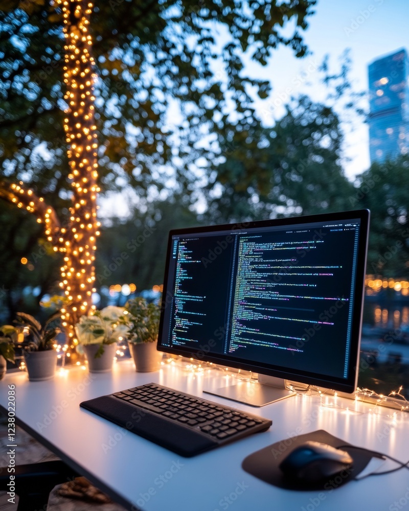Aufkleber Modern Outdoor Tech Workspace Programmers Ergonomic Desk Setup with Multi-Screen Display and Ambient Lighting for Enhanced Productivity in Software Development