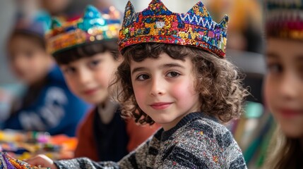 Fototapeta premium Joyful scene of children happily crafting Purim-themed items like masks groggers with bright markers, paper, sequins children sitting around table, focused on creative work, with colorful materials