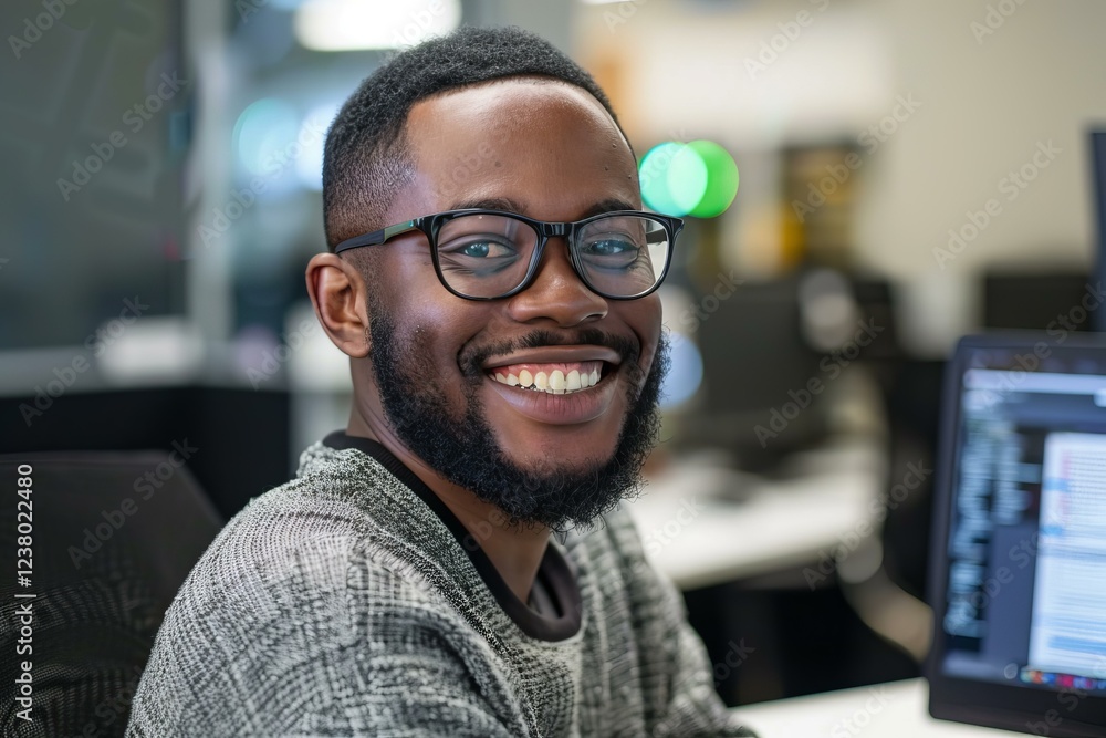 Poster portrait of a cheerful software developer smiling while working on a computer in a bright, modern of