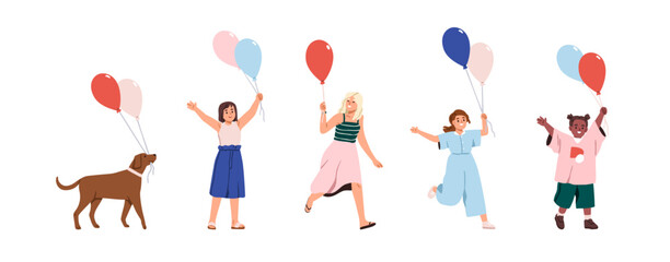 Happy kids holding air balloons, set. Cute children, dog celebrating holiday fun with festive helium baloons in hands. Joyful excited girls, pet. Flat vector illustration isolated on white background © Good Studio