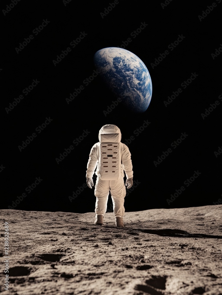 Poster Futuristic Space Exploration High-Tech Astronaut on Lunar Surface with Earth in View - Advanced Scientific Discovery for Aerospace Industry and Education