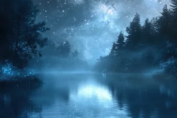 Mystical night sky reflected on a tranquil forest lake