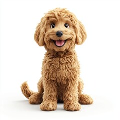 Fluffy golden doodle dog sitting happily with a wagging tail, centered on a clean white background