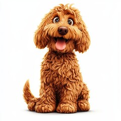 Fluffy golden doodle dog sitting happily with a wagging tail, centered on a clean white background