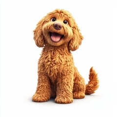 Fototapeta premium Fluffy golden doodle dog sitting happily with a wagging tail, centered on a clean white background