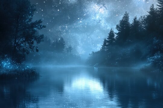 Mystical night sky reflected on a tranquil forest lake