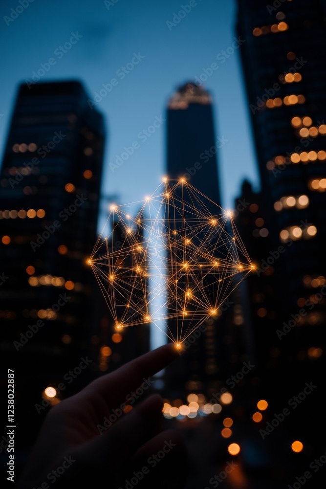 Aufkleber futuristic urban tech aesthetic cybersecurity network nodes overlay across night cityscape - smart c