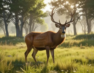 Male deer with velvety antlers grazing in a grassy field on a sunny day, field, velvet, antlers