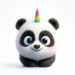 Fototapeta premium Fluffy panda-unicorn hybrid with a rainbow horn and cute big eyes, centered on a clean white background
