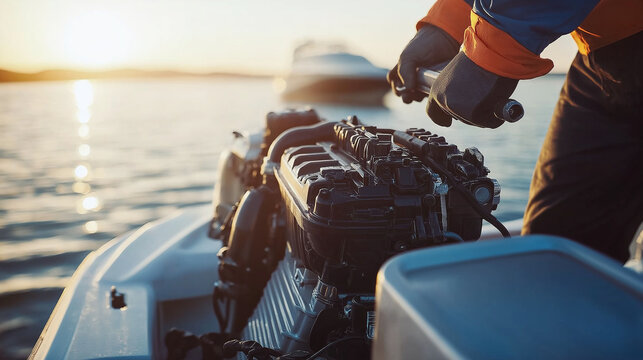 A mechanic installing a boat engine at sunrise, soft light creeping over the horizon, close-up of the engine being carefully placed into position