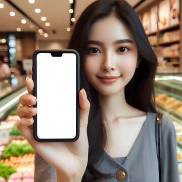 A young girl, a Korian woman uses a cell phone with a blank screen to write text messages in a supermarket, in the background of a grocery store, in a cafe, for advertising and commerce.