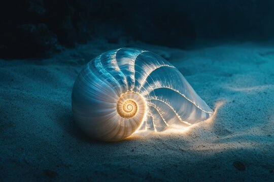 Illuminated nautilus shell on ocean floor with glowing spiral patterns