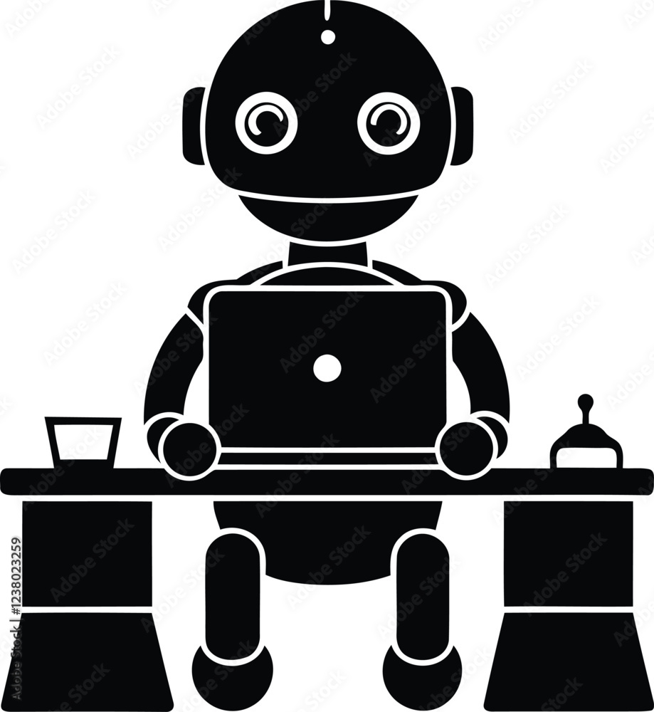 Poster creative robot sitting at a desk with a laptop vector illustration, robot sitting at a desk with wor