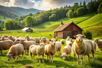 Obraz premium Idyllic countryside: a flock of sheep peacefully grazing, a perfect pastoral scene photographed.