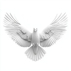 Obraz premium Fluffy white dove with outstretched wings in flight, isolated on a clean white background