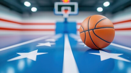 Fototapeta premium A basketball rests on a vibrant court decorated with stars and stripes, highlighted by the basketball hoop in the background.