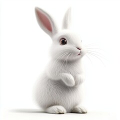 Fototapeta premium Fluffy white rabbit sitting on its hind legs with perked ears, isolated on a clean white background