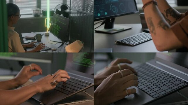 Split screen of young female biracial programmer and young man with tattooed arms typing on keyboard, working on complex data in modern office at night
