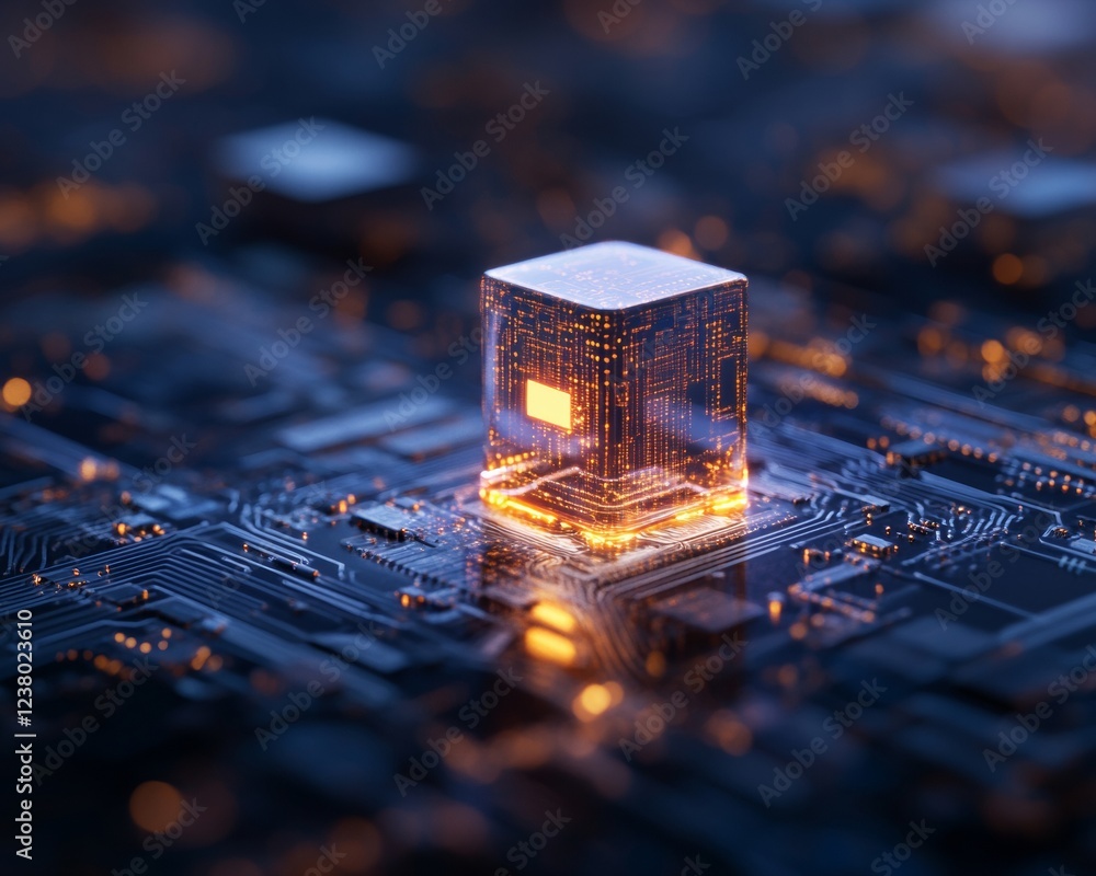 Aufkleber Futuristic Cybersecurity Glowing Cube on Circuit Board - Digital Protection for High-Tech Business Solutions and Secure Network Infrastructure