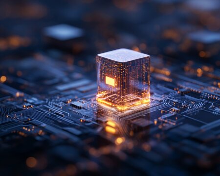 Futuristic Cybersecurity Glowing Cube on Circuit Board - Digital Protection for High-Tech Business Solutions and Secure Network Infrastructure