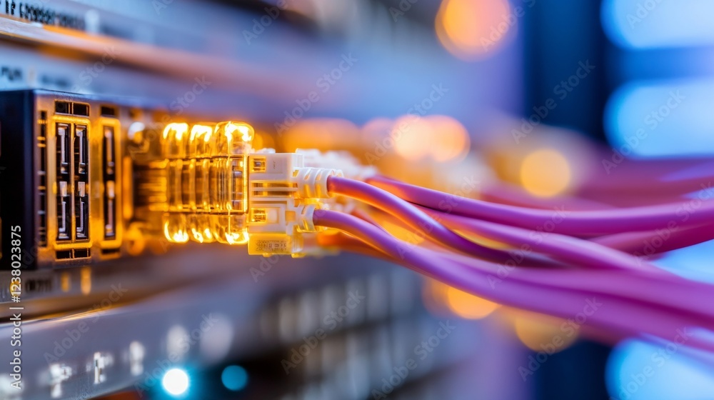 Poster Neon Tech Aesthetic Vibrant Network Cables and Server Racks - Advanced Data Center Visuals for Cloud Computing and Digital Infrastructure Marketing