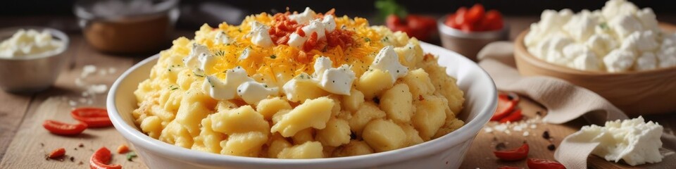 Mashed brown potatoes topped with crumbled cheese and paprika , food, paprika