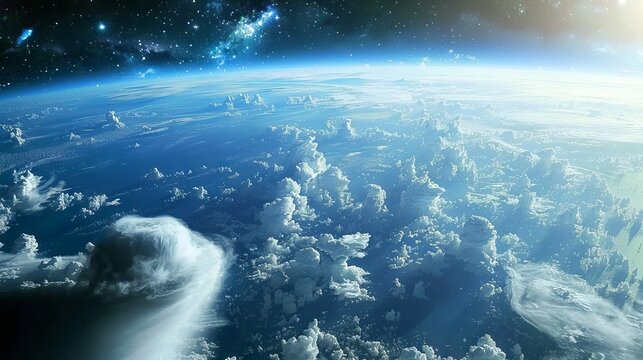 Cinematic high-definition planet earth globe with swirling clouds and a vast, star-filled cosmic space background - Powered by Adobe