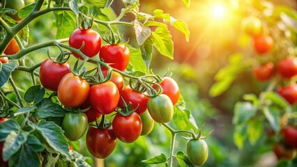 Mature tomato plant with green leaves and red fruit in a sunny outdoor setting, botanical photography, herbaceous plant, vegetable garden design, sun-drenched plant