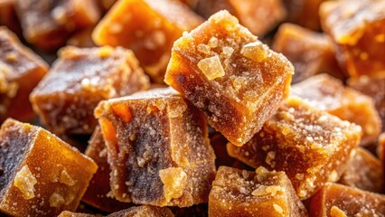 Intricate crystals gleam in this close-up of raw jaggery, showcasing its unprocessed cane sugar essence.
