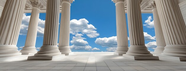 Stunning architectural columns rise majestically against a bright blue sky with sun rays adding warmth and depth to the scenery