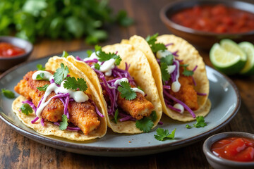 Crispy Fish Tacos with Fresh Toppings in Restaurant Setting