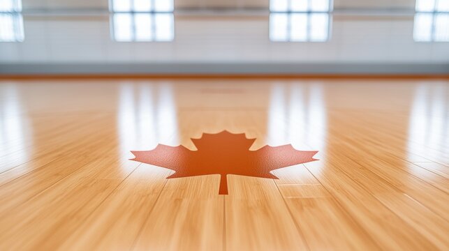 A wooden gym floor features a prominent orange maple leaf emblem, symbolizing Canada, with large windows in the background letting in natural light. - Powered by Adobe