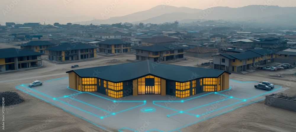 Poster illuminated building with futuristic network and visualization overlaid on top aerial view at dusk