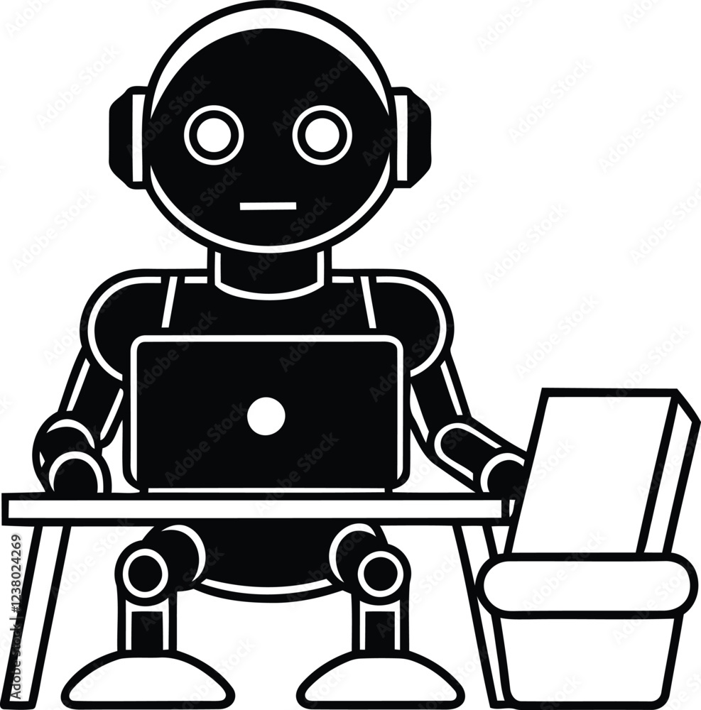Poster creative robot sitting at a desk with a laptop vector illustration, robot sitting at a desk with wor