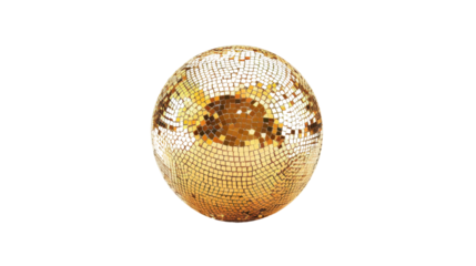 Golden disco ball spinning on transparent background, creating festive atmosphere
