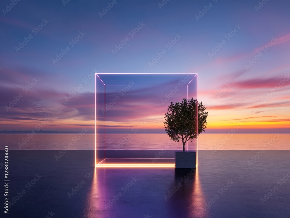 Poster Neon Minimalism in Event Design Acrylic Glass Cube with Illuminated Tree at Sunset - Modern Artistic Installation for Immersive Venue Transformations and Event Aesthetics