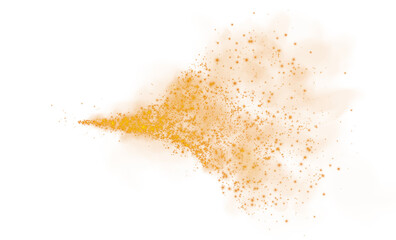 Fantastic orange smoke background. Orange spice powder explosion, spice splash, Magic smoke with glitter and small particles, fog with glowing particles, orange steam. PNG.