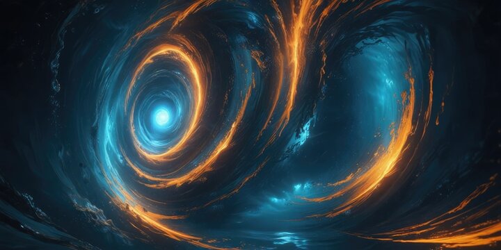 mesmerizing blue and orange vortex in a vast underwater world , bioluminescent, ocean