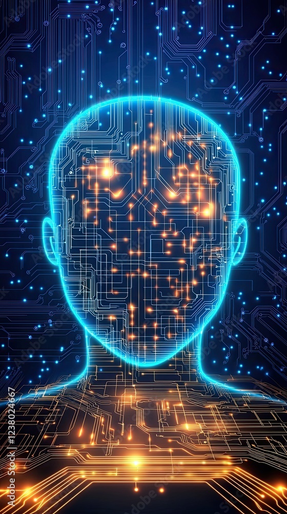 Poster ai-generated art futuristic digital representation of human head with glowing circuit patterns and l