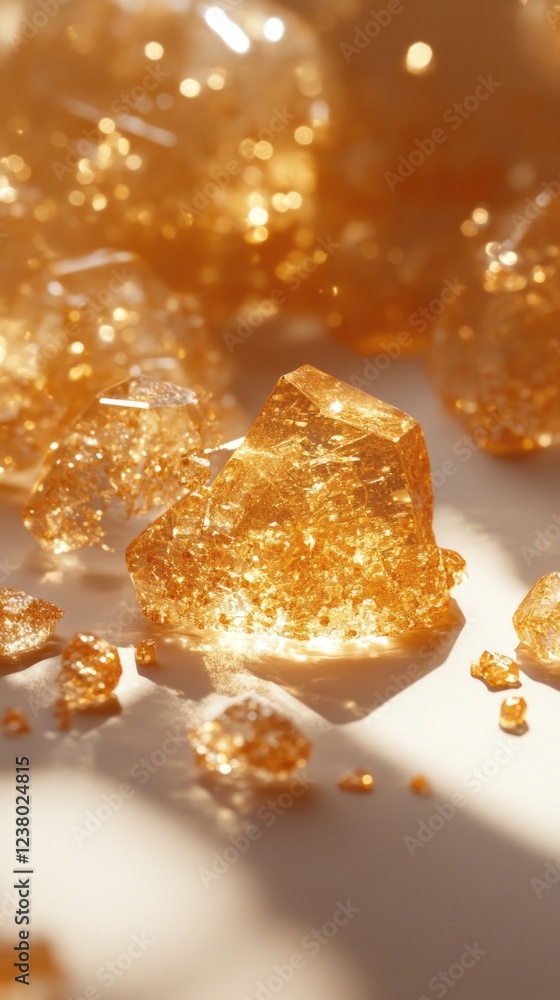 Poster A captivating display features a semi-transparent podium filled with glimmering golden resin shards, reflecting light beautifully in an artistic arrangement that mesmerizes viewers