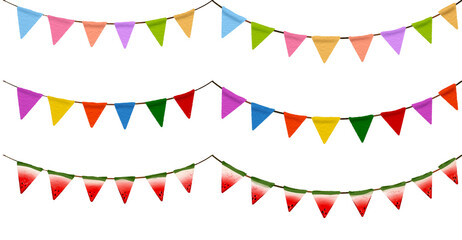 Triangle Flag Decoration Birthday Baby Christmas Cozy Home set of colorful ribbons Hand drawn illustration on a transparent background