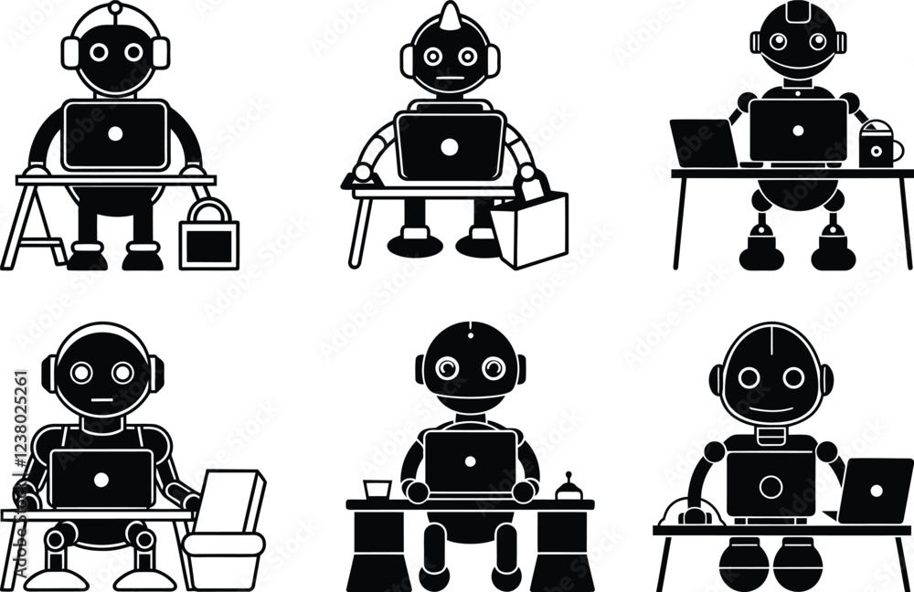 Poster creative robot sitting at a desk with a laptop vector illustration set, robot sitting at a desk with