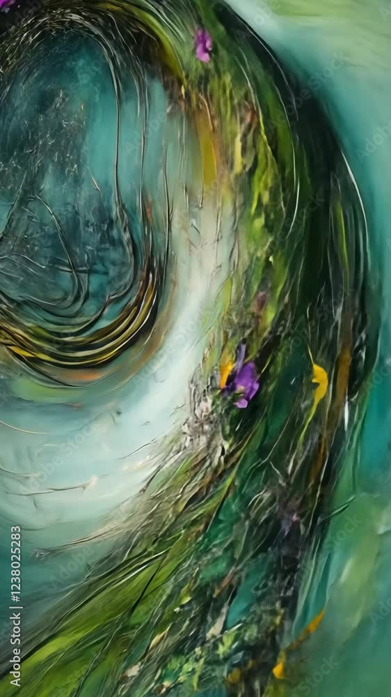 Poster abstract swirl of vibrant colors with hints of nature and floral elements in a calming oceanic backd