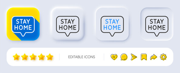 Stay home line icon. Neumorphic, Flat shadow, 3d buttons. Coronavirus pandemic quarantine sign. Save lives symbol. Line stay home icon. Social media icons. Vector