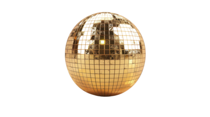 Golden disco ball rotating and reflecting light on transparent background