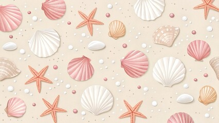 Seashell and leaf pattern in soft colors on a beige background with copy space
