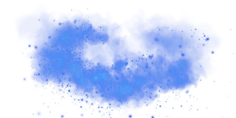 Fantastic blue smoke background. Blue spice powder explosion, spice splash, Magic smoke with glitter and small particles, fog with glowing particles, blue steam. PNG.