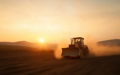 Fototapeta premium A bulldozer plowing through dry desert terrain, sending up plumes of dust in a dramatic, high-speed moment. 